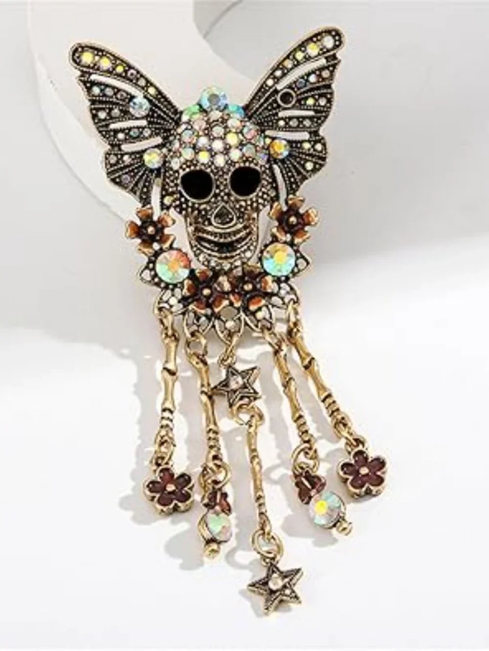 Weird Skull Brooch with Flowers and Rhinestones‎ Dangle Drop Goth Punk
